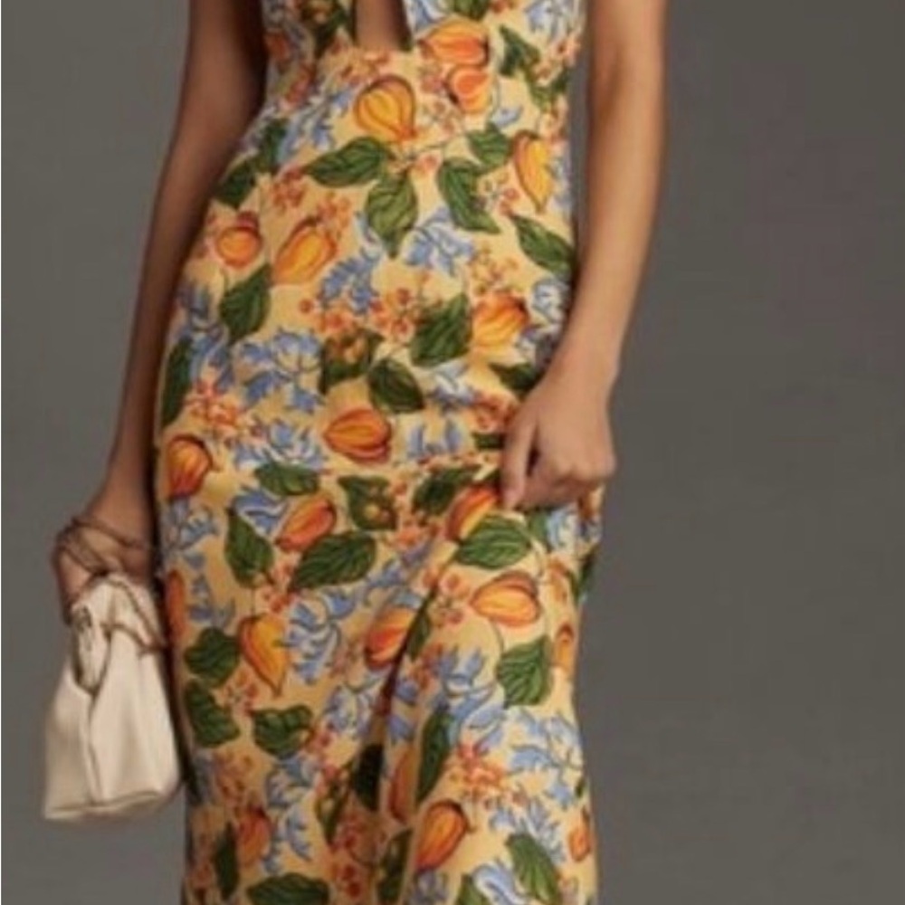 RHODE Yellow Maxi Dress with Green Leaf & Orange Floral Print